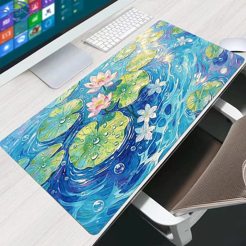 Van Gogh Style Water Lily Lotus Pond Large Mousepad, Non-Slip Rubber Waterproof Extended Desk Mat, Impressionist Floral Art Mous