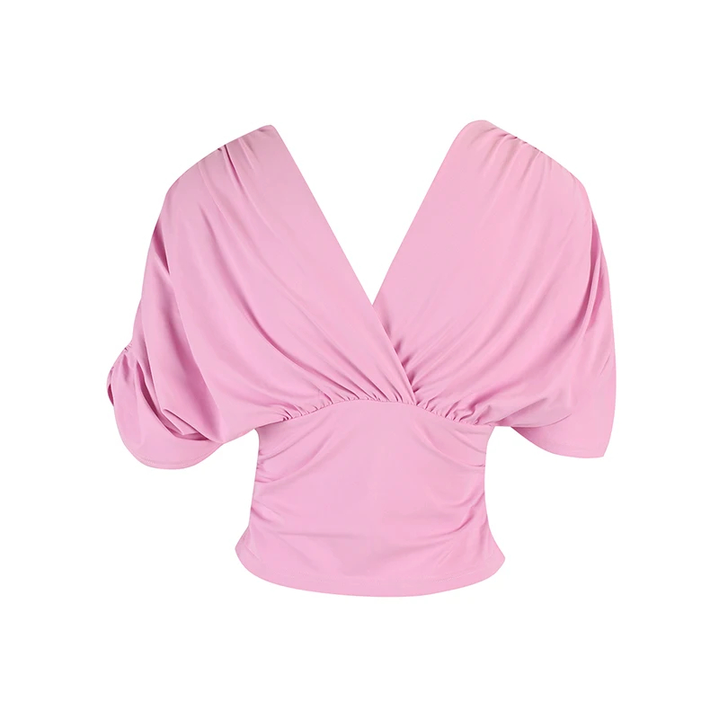 T-Shirt mit V-Ausschnitt für Damen, lässig, plissiert, kurzärmelig, modisch, sommerlich, schmal geschnitten, Basic, vielseitig, sexy, süß, einfarbig, elegant, Streetwear – Detail 12