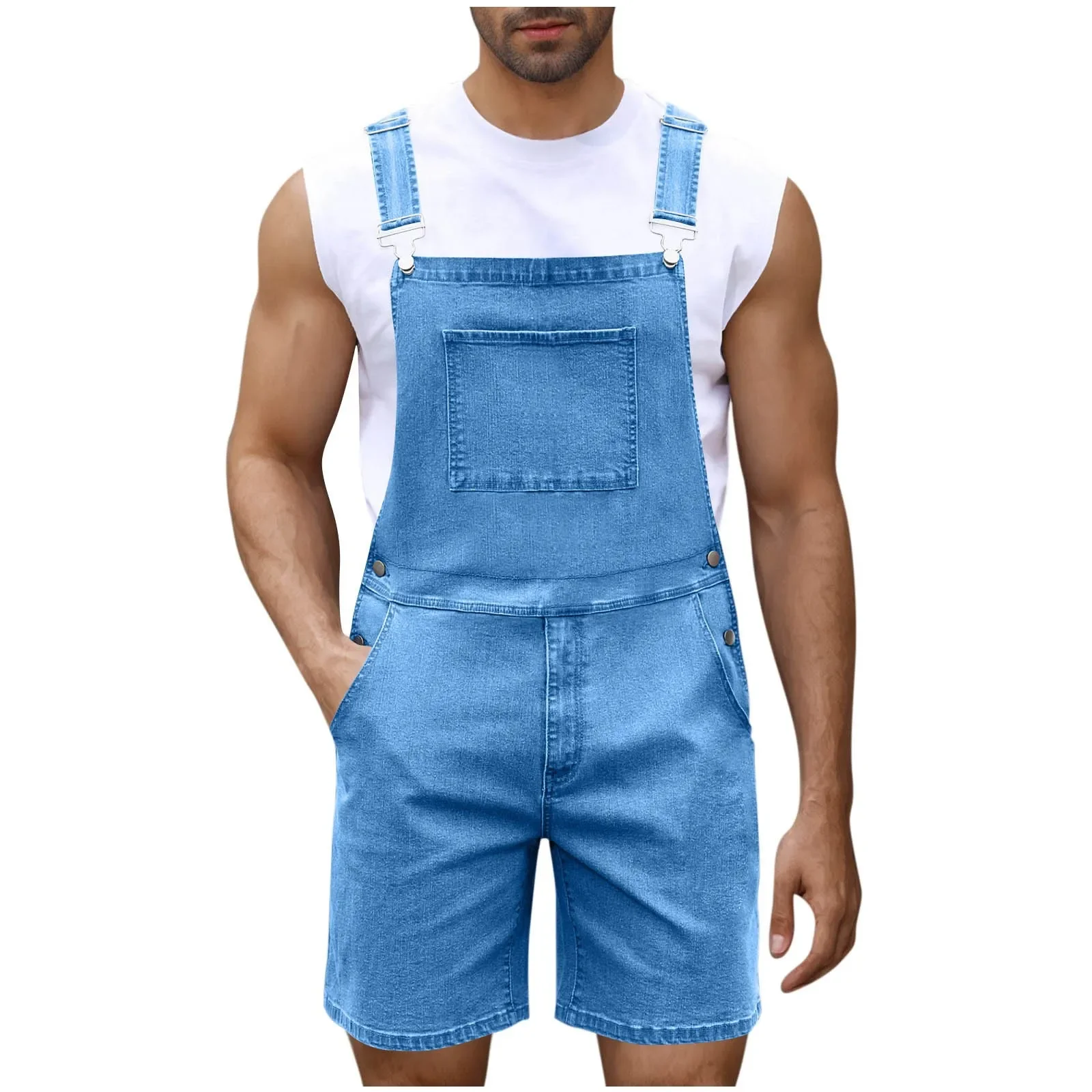 Summer Vintage Men's Solid Button Pocket Wash Water Fashion Casual Wear Adjustable Suspenders Street Wear Men Jumpsuit Pants