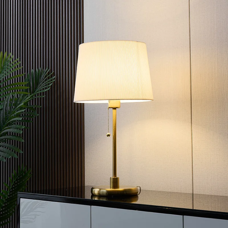 

Modern Table Lamp Bedside With Pull Chain Elegant Fabric Shade Gold Satin Nickel Metal Table Lamp E27 Bulb Bedroom Decoration