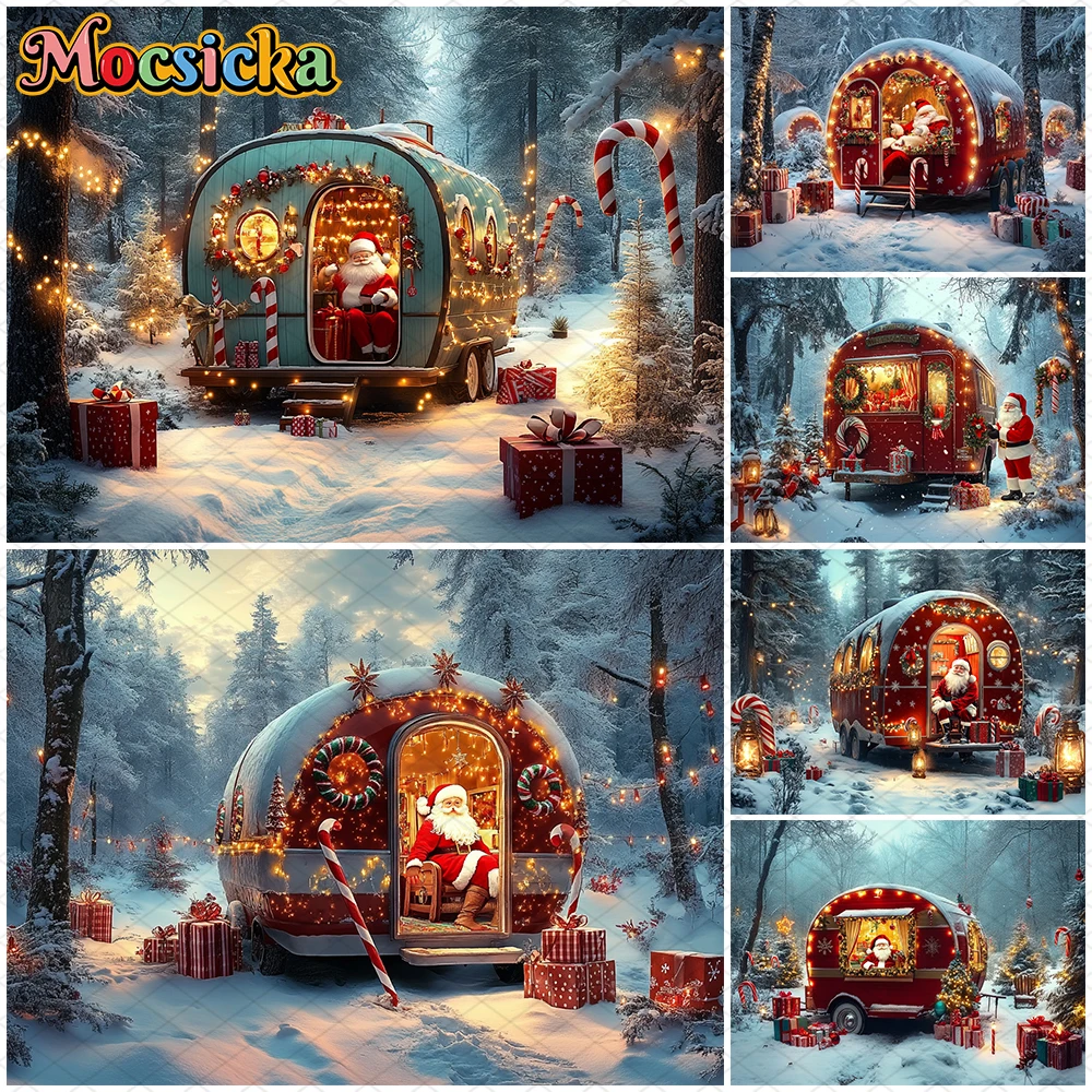 

Mocsicka Christmas Background Photography Santa Claus Photo Backdrop Wallpaper Forest Tree Snow Vehicle Party Decorations Banner