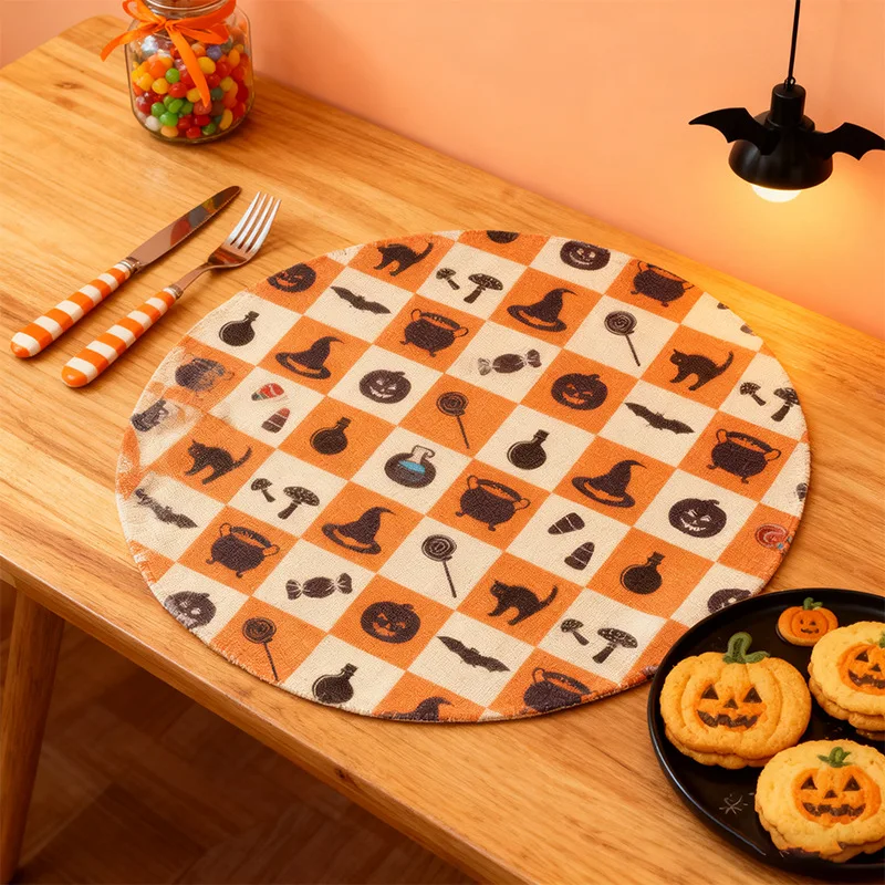 VIKAMA halloween checkered witch round placemats heat resistant waterproof washable table mat for dining room easy to clean