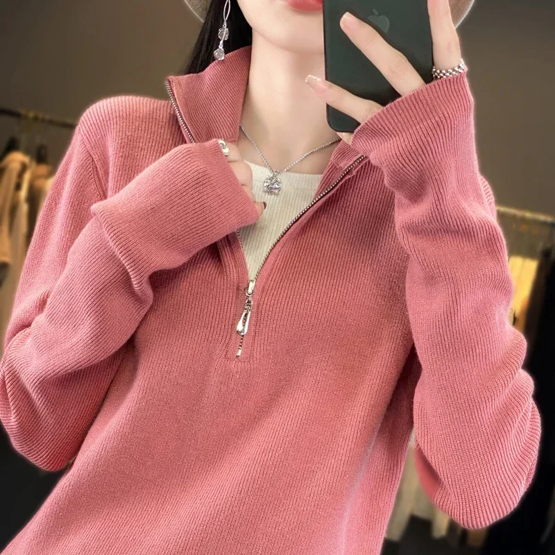 Women Sweater Zipper Half Open Collar High Quality Autumn Winter Loose Casual Turn-Down Collar Pullover Cashmere Knitwear Tops