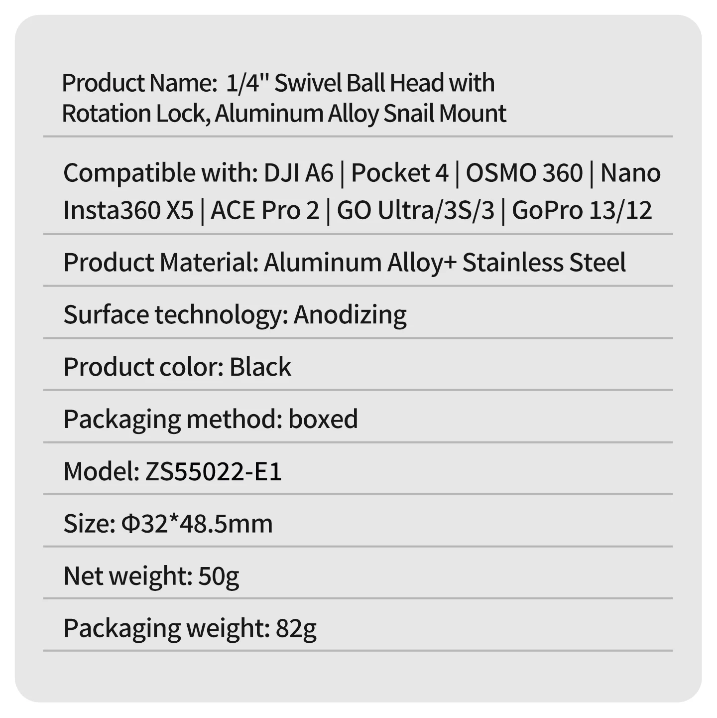 1/4 Zoll Kugelkopf Drehbare Schneckenklemme aus Aluminium 360° ° Panorama-Stativhalterung für DJI Osmo Insta360 GoPro Action-Kamera Zubehör – Detail 19