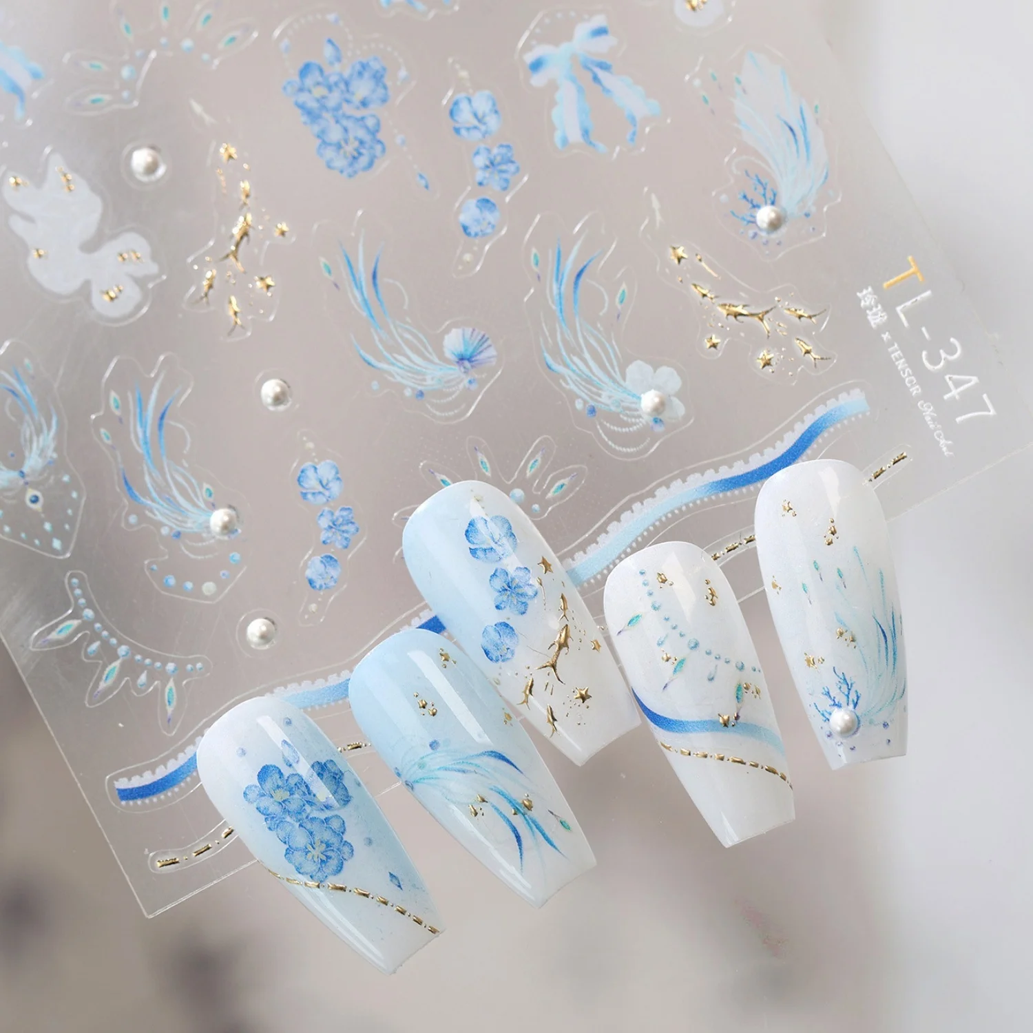 Orientalischer Farbverlauf Blaue Feder Hortensien-Ranken Schleife Perle Lineare Textur Neue Chinesische 5D Nagelkunst-Aufkleber Selbstklebende Abziehbilder