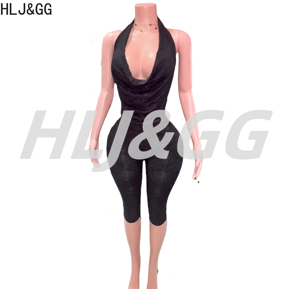 HLJ&GG Sexy Halter Lace Backless One Piece Jumpsuits Women Deep V Sleeveless Slim Playsuits Fashion Solid Clubwear Overalls 2025