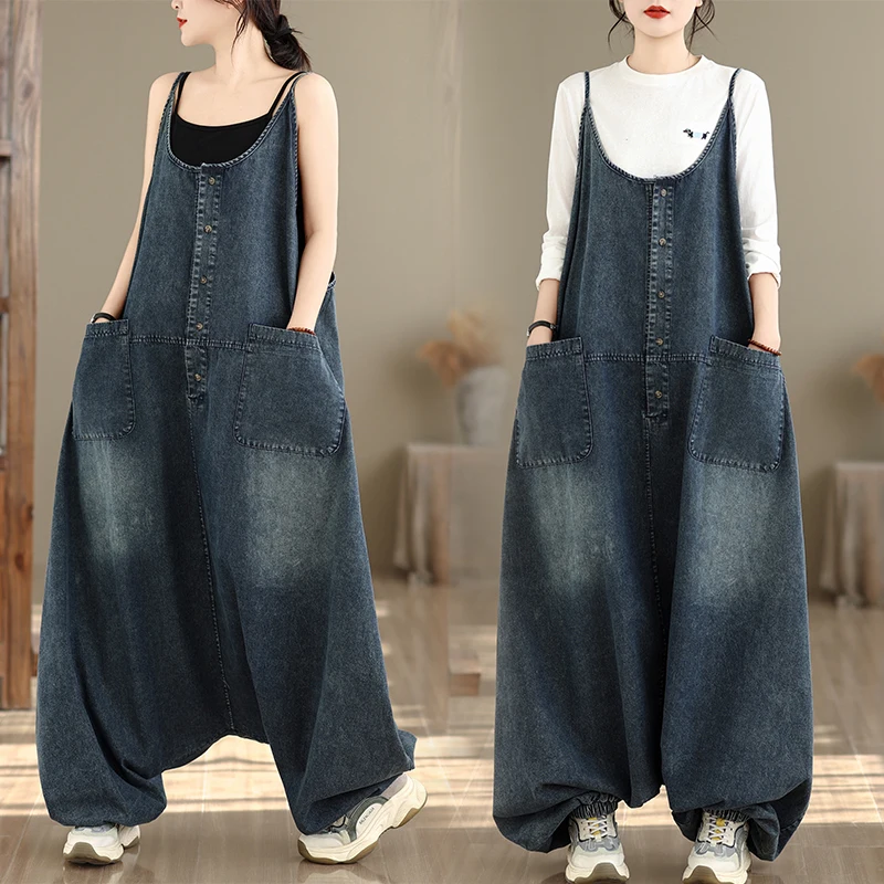 Retro Distressed Denim Overalls Women's Loose plus Size Casual Wide Leg Harlan Pants Trendy Low Waist Loose Fit Jeans