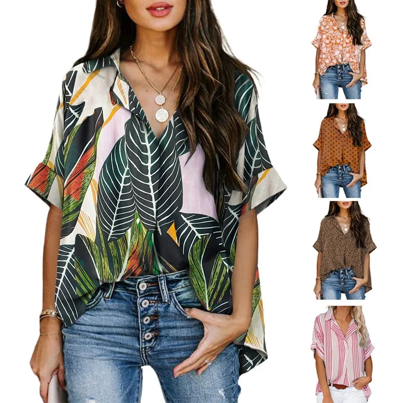 

Summer Women's Casual Street Sle Printed T-irt Blouse Loose Fit Cotton Collar Five-Quarter Sve Regular Length