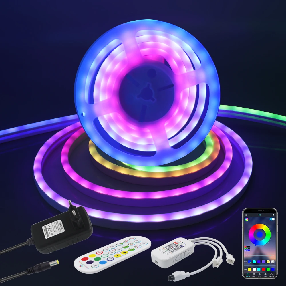 Bluetooth RGB Neon Light Sign 12V WS2811 Addressable Full Color Neon Rope Tape 60Leds/m IP67 Waterproof Tube Outdoor Lighting
