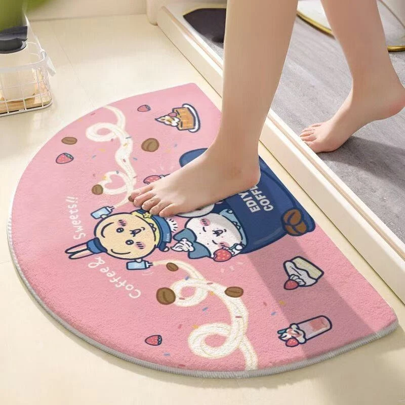 Chiikawa Semi Circle Bath Mat Cute Anime Hachiware Usagi Print Soft Fluffy Water Absorbent Doormat Non Slip Curved Floor view 4