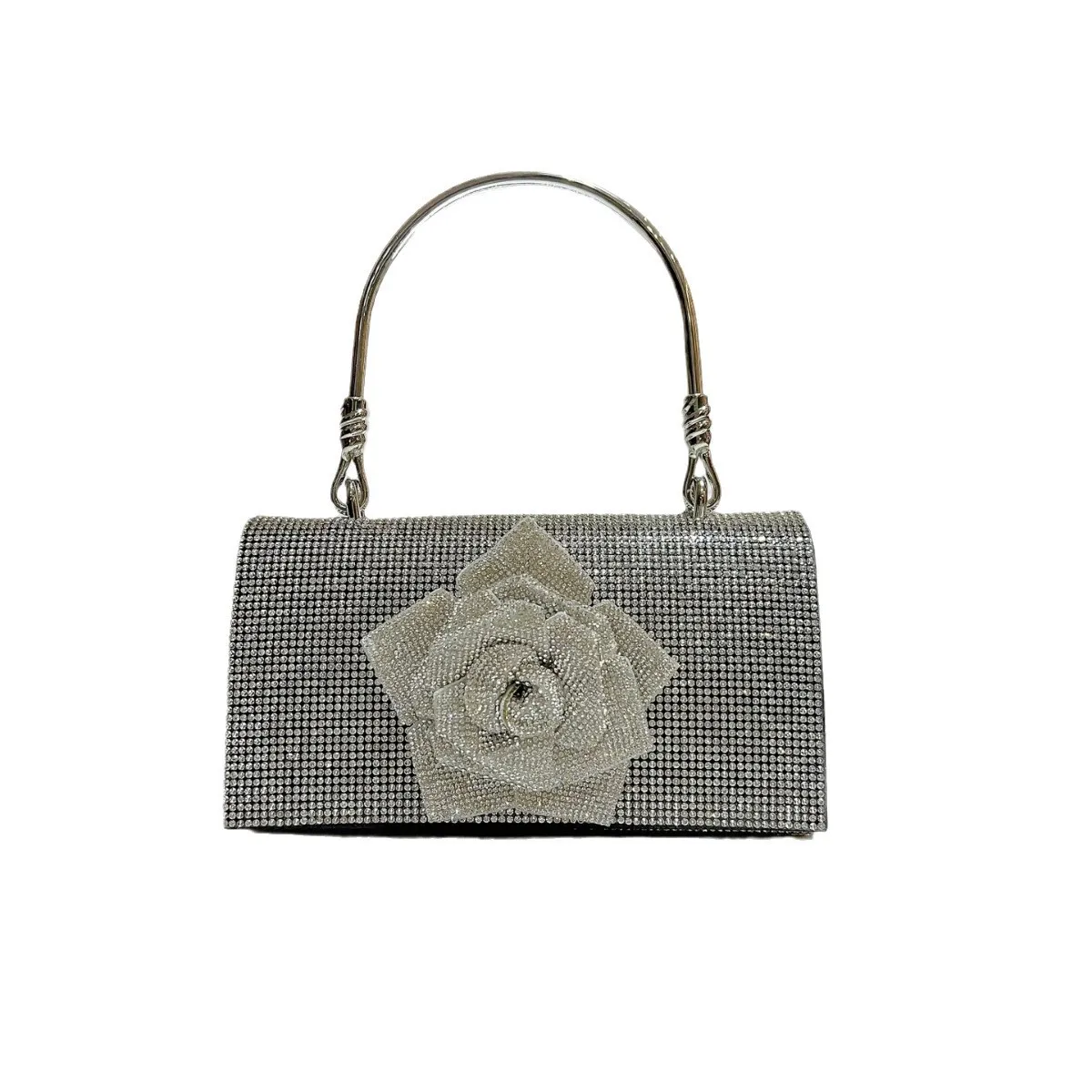 Shiny Silver Full Rhinestone Evening Clutch Bag With 3D Rose Floral Decor & Metal Handle, Elegant Formal Dinner Purse For Prom
