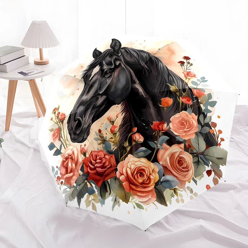 Horse Theme Design Folding Umbrella - Fashionable Auto-Open Design 8 Iron Ribs Plastic Handle Foldable Sunshade，Perfect Gifts