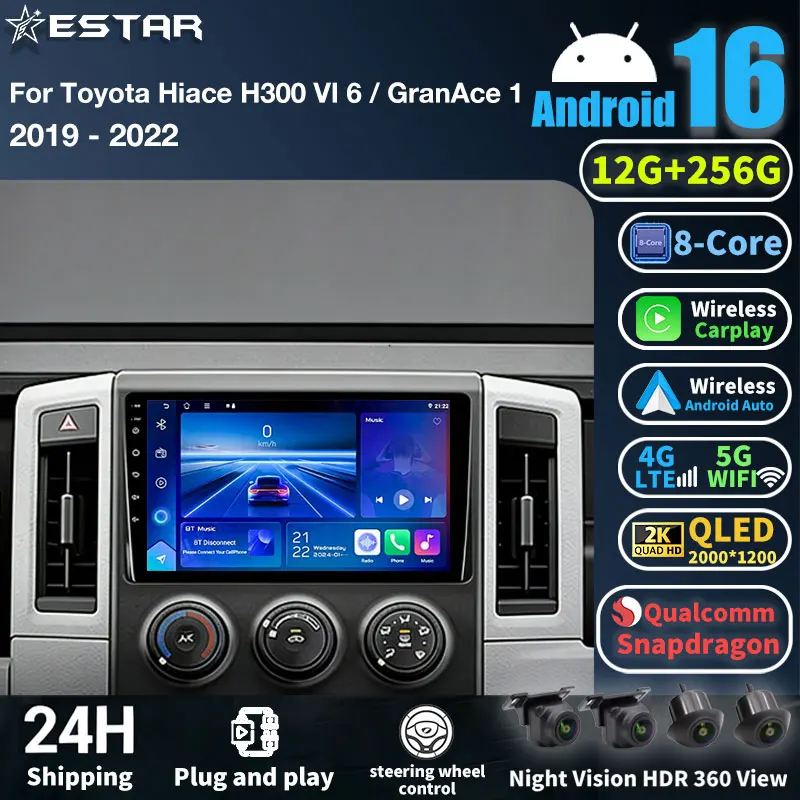 Android 16 Car Radio For Toyota Hiace H300 VI 6 GranAce I 1 2019 - 2022 GPS Multimedia Player Navi Head Unit DSP Stereo BT Video
