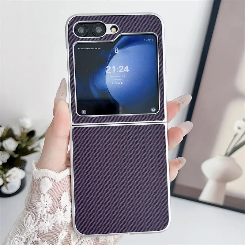 Luxury Carbon Fiber Leather Texture Case For Samsung Galaxy Z Flip 6 5 4 3 Flip6 Flip5 Lmitation Kevlar Pattern Protective Cover