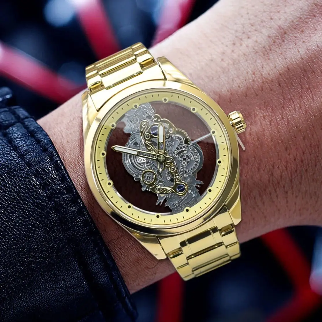 ساعة رجالية أوتوماتيكية فاخرة للأعمال من الطبقة العلوية، قرص دائري، تصميم هيكل عظمي على الوجهين، حزام من الفولاذ المقاوم للصدأ، كاجوال أنيق وبسيط ومضيء للرجال