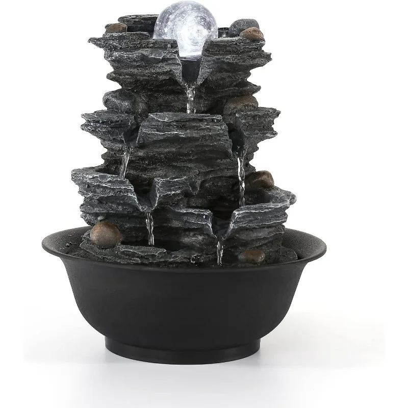 

Indoor Tabletop Fountain with Pump Waterfall Coloured LED Lights Desk Water Fountains for Home Office Decor