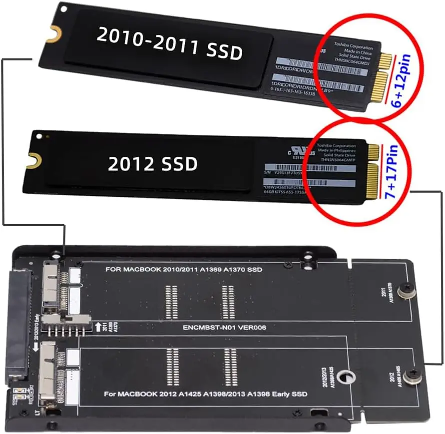 

2.5inch SATA 22Pin to 2010 2011 2012 Mac Air Pro Retina SSD 12+6Pin 17+7Pin A1425 A1398 MC975 MC976 Case Enclosure Converter
