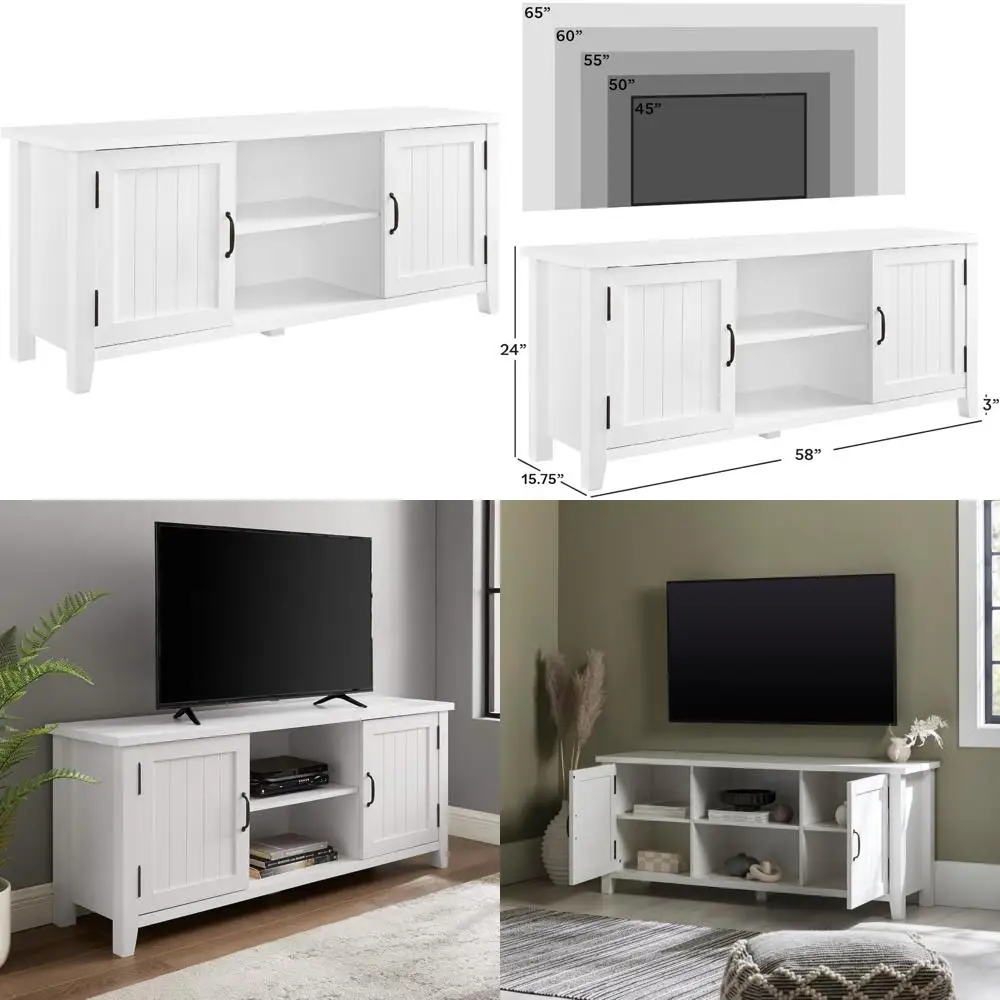 buren classic grooved door tv stand for tvs up to 65 inches, 58 inch, solid white