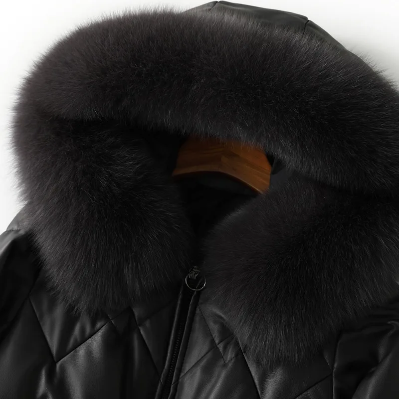 Echt Leren Jas Vrouwen Winter 100% Echte Schapenvacht Jas Met Capuchon Witte Eend Ganzenjassen Vossenbont Halverwege De Lengte Parka 'S