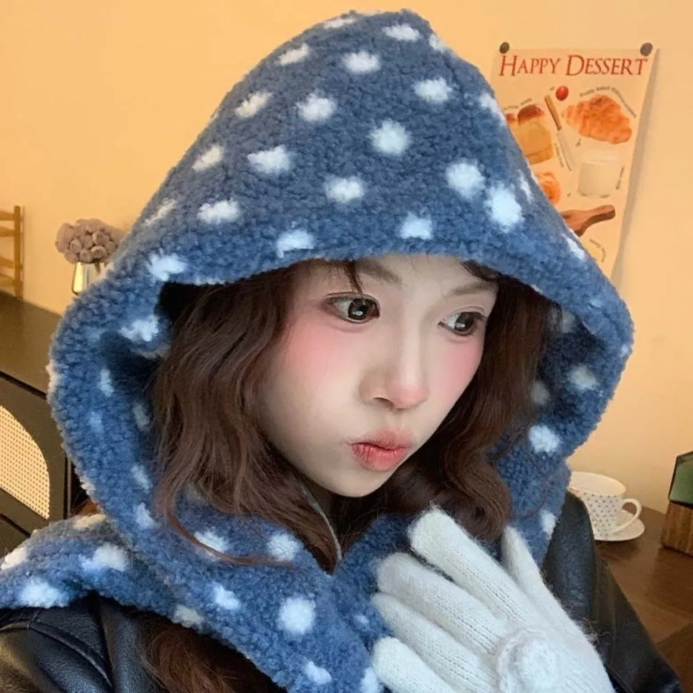 Integrated Design Hooded Scarf Hat Thermal Fabric Ear Protection Balaclava Cap Windproof Soft Fluffy Polka Dot Beanie