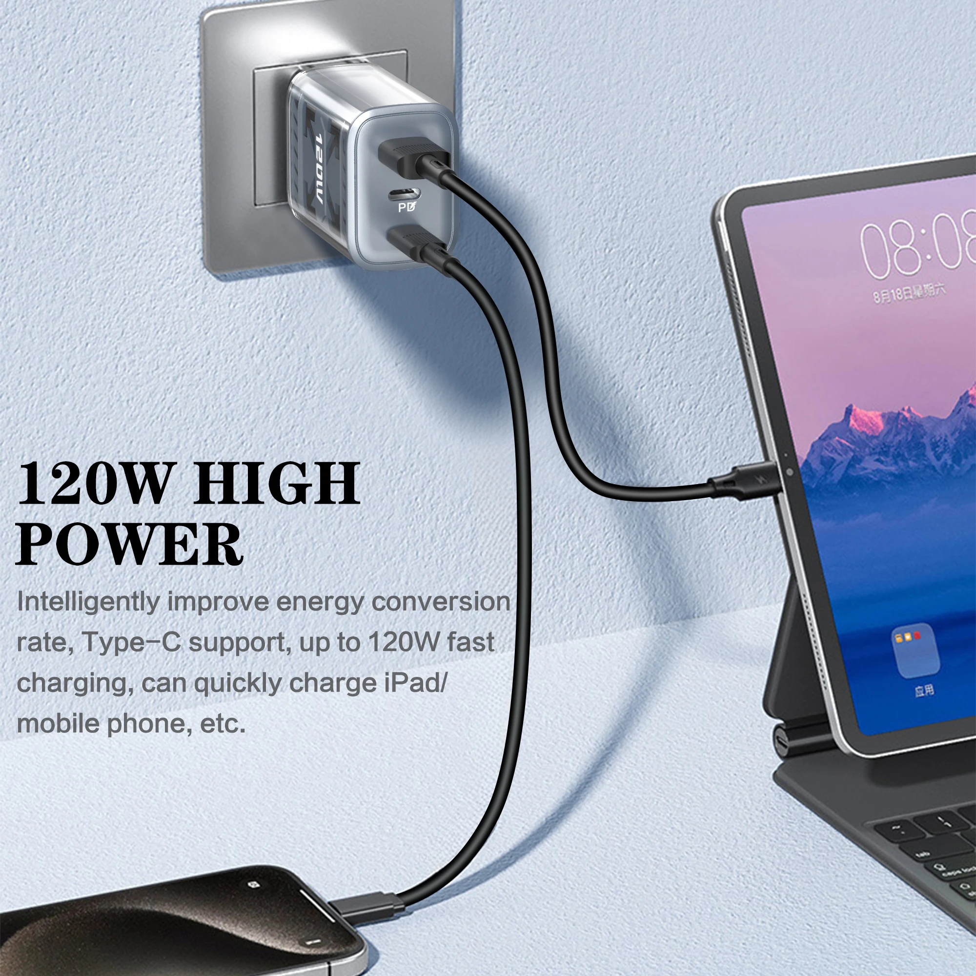 120W Multi-Port PD Type C Quick Charger Universal USB Fast Charger Wall Adapter for iPhone Samsung Huawei Xiaomi Mobile Devices