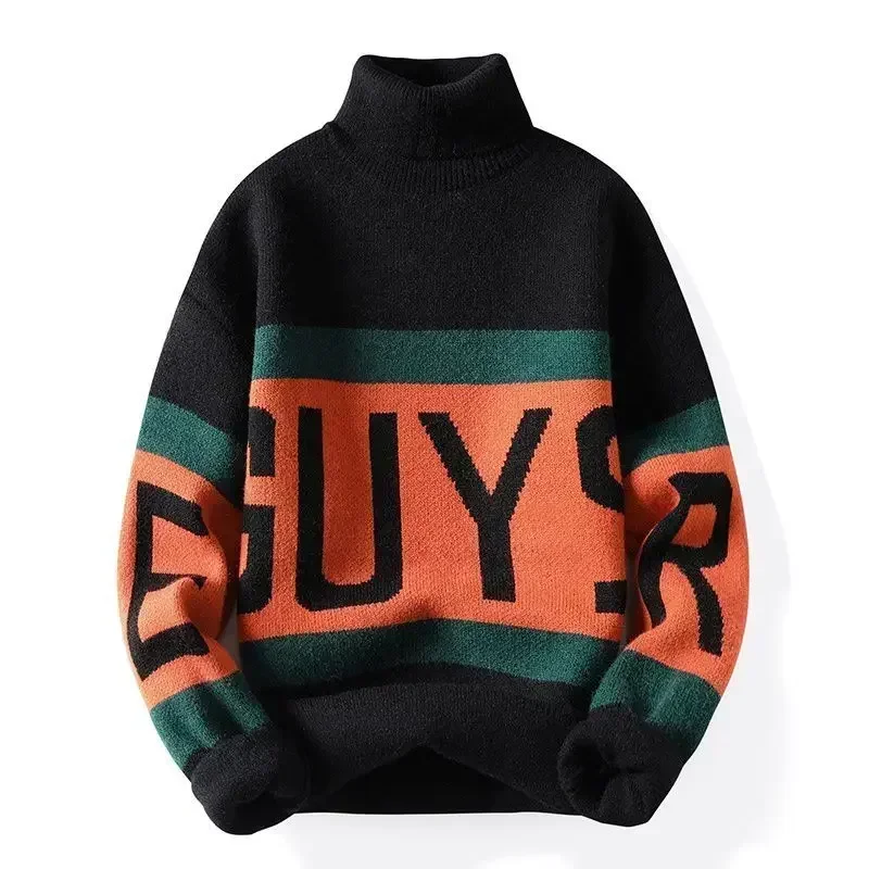 

Knit Sweater Male Spliced Turtleneck White Men's Clothing Pullovers High Collar Print Korean Fashion 2025 New In X Over Fit A