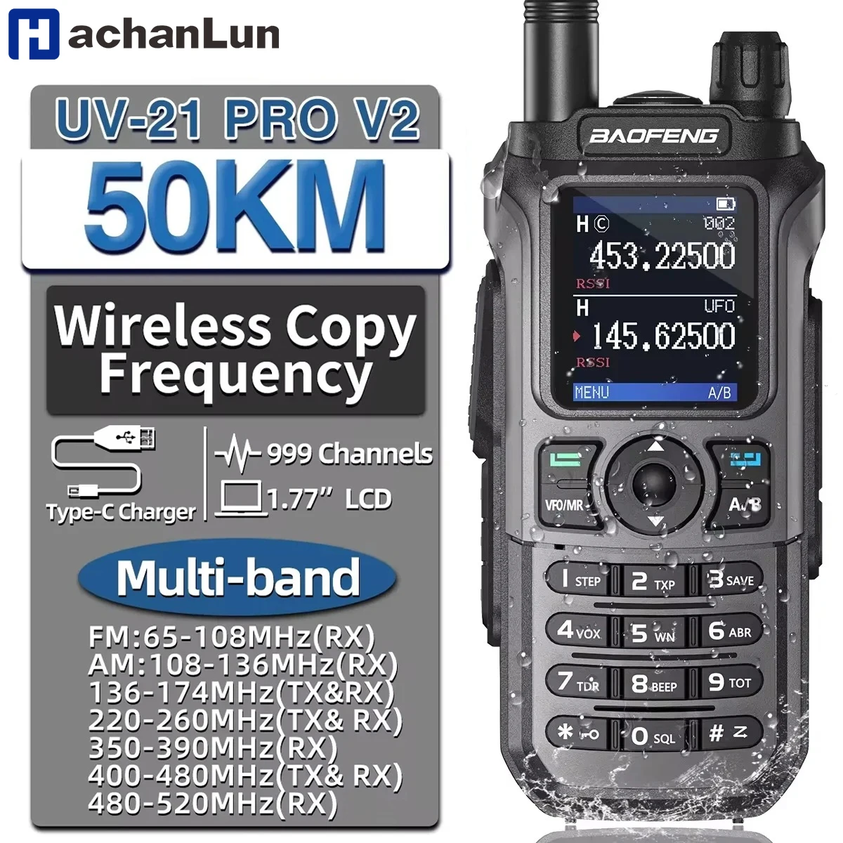

UV-21 Pro V2 Беспроводная частота копирования Mutli Band Мощная водонепроницаемая дальняя частота UV-5R Двусторонняя радиолюбитель дальнего действия Type-C