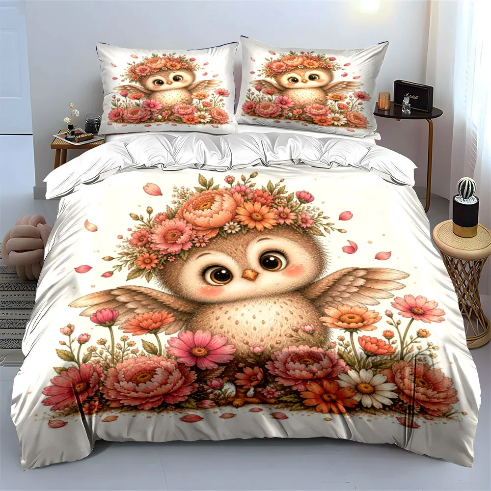 Cute Owl with Floral Wreath Duvet Cover Set with 3D Printing Design Soft Polyester Bedding Set All-Season Comfort for gifts