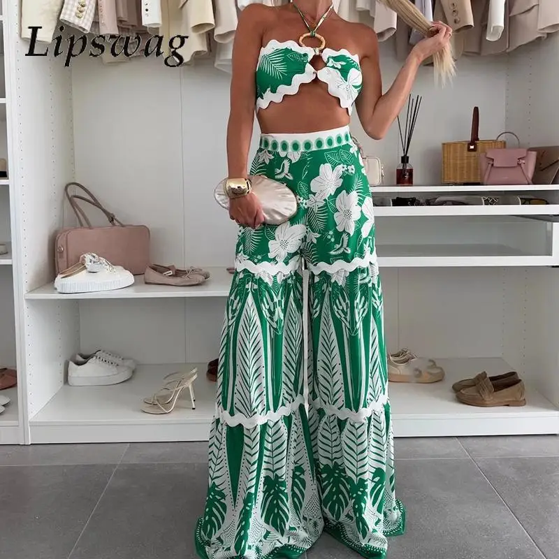 

Women 2025 Pattern Print Slim Dresses Set Casual Summer Suit Sexy Halter Bustier Tops&Long Skirts Two Piece Vacation Outfits