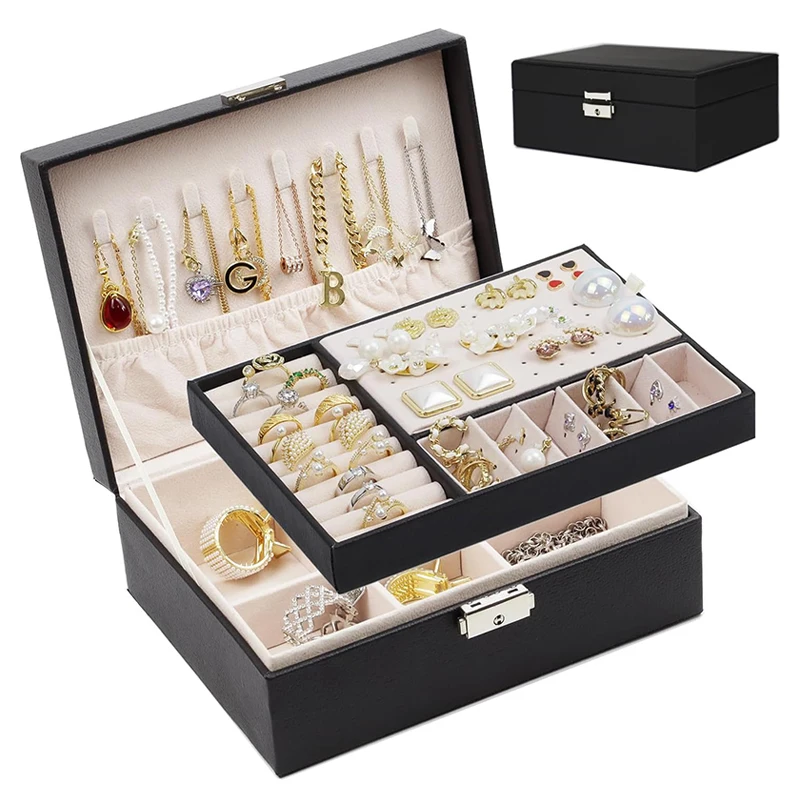 2 Layers Jewelry Storage Organizer Box with Lock & Velvet Ring Tray & Ear Studs Holder for Women Girls Necklace Display Case