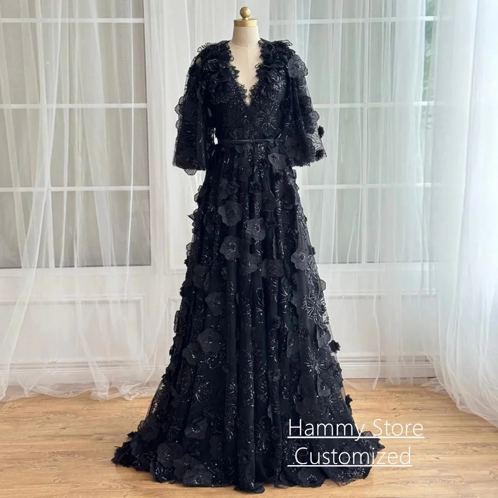 

Черное вечернее платье с рукавами «летучая мышь» по индивидуальному заказу, V-образным вырезом, расшитым блестками и цветочным кружевом, трапециевидное вечернее платье, платья для выпускного вечера, скользящим шлейфом