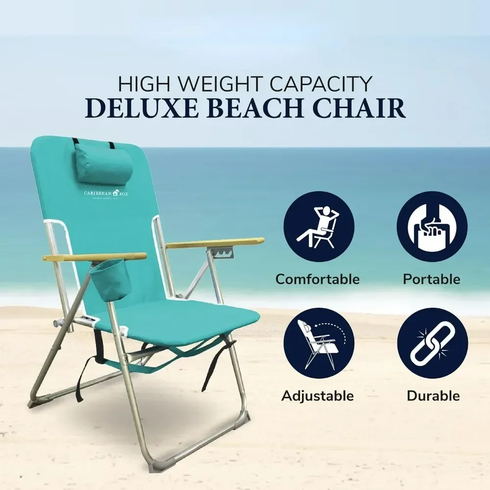 Folding Beach Chair, 4 Position Backpack Foldable Camping Chair With Headrest, Cup Holder, And Wooden Armrests,Folding Chair