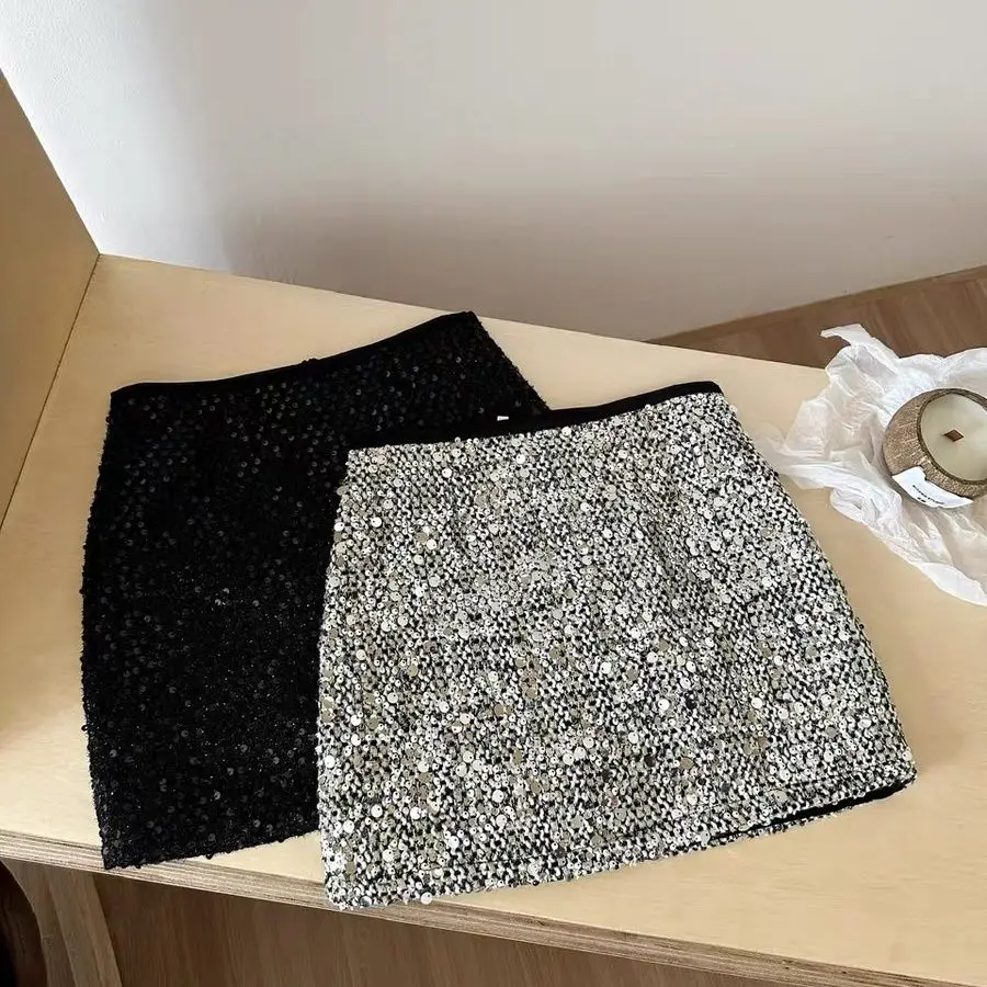 

2026 Spring New Women's Sequin Skirt Spice Girl A-word Silver Shiny Hip Skirt