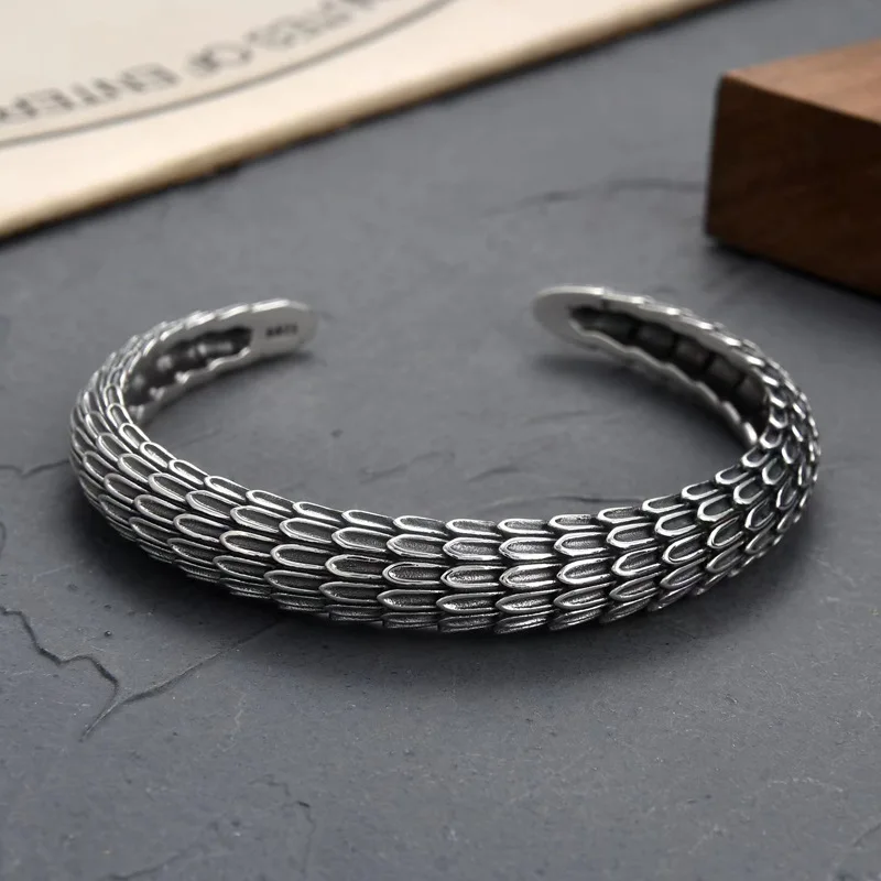 S925 Sterling Silver Domineering Vintage Dragon Scale Men's Bangle Simple Fashion Bracelet Gift Jewelry Accessories