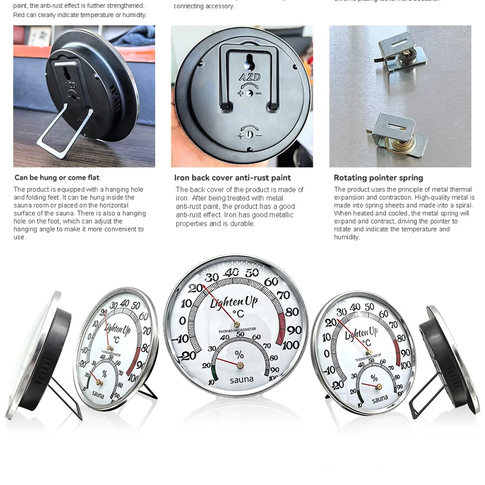 Mechanisches Thermometer-Hygrometer mit Metallgehäuse, keine Batterie erforderlich, Temperatur- und Feuchtigkeitsmesser für Innenräume, Badezimmer, Sauna & Dampfbad – Detail 17