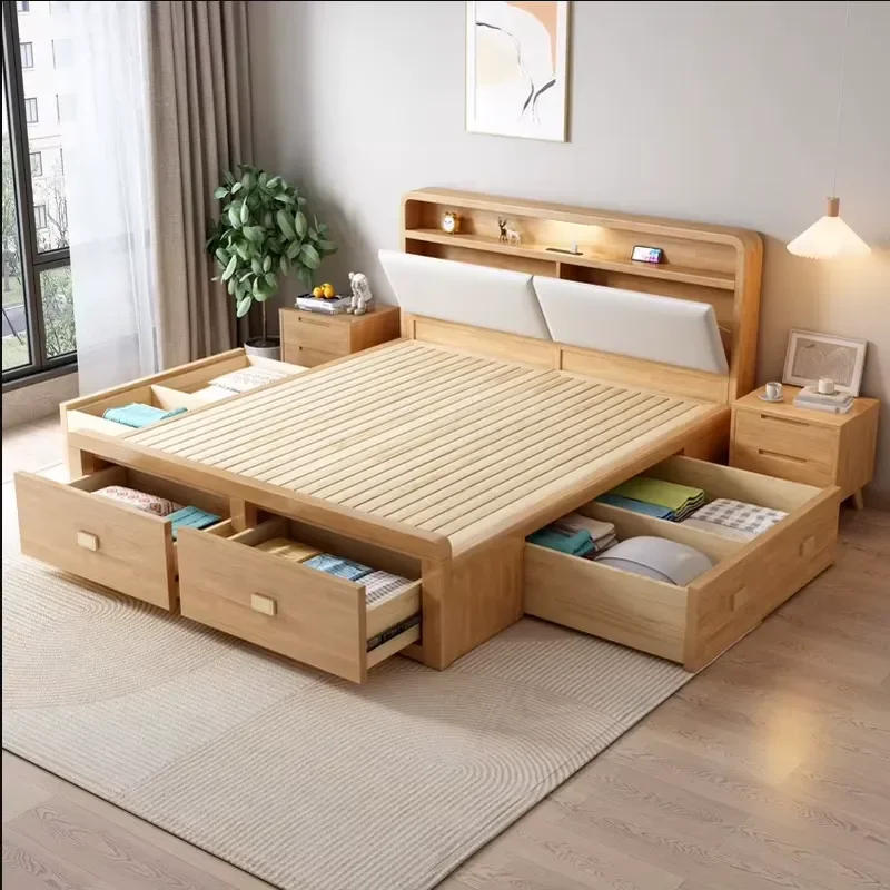 Nordic-style Solid Wood High Box Bed Gas-Lift Storage Drawers 1.8m Double Bed Multi-Function Disassembly-Factory Direct Sales