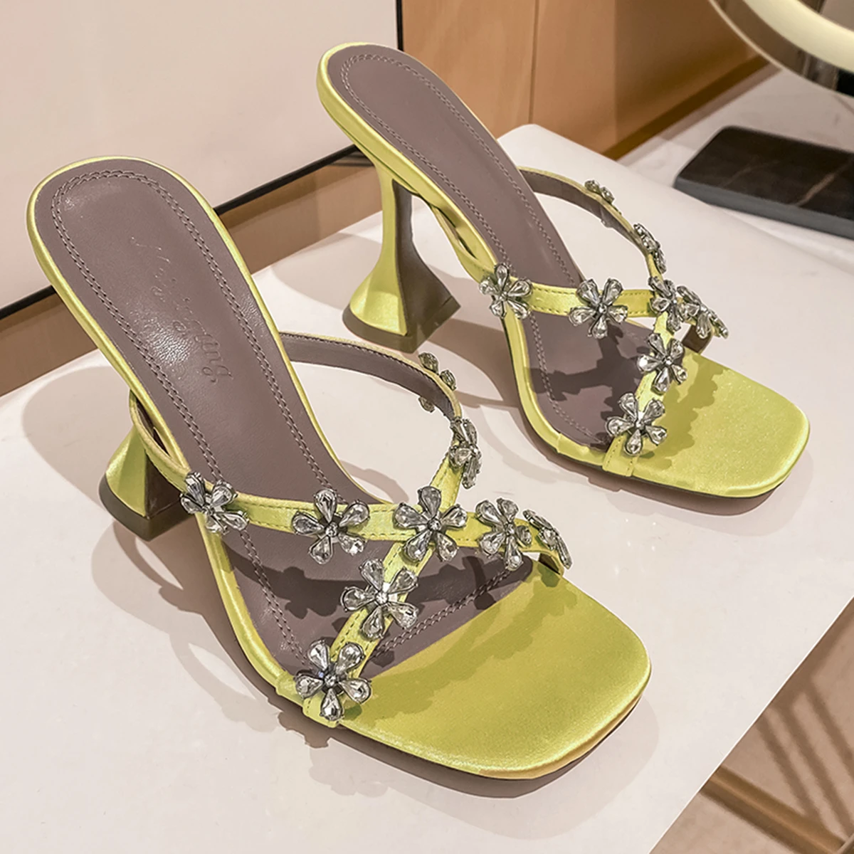 Summer Silver High-heeled Shoes With Black Sandals And Slippers Plum Blossom Rhinestones With Black Sandals For Women To Wear