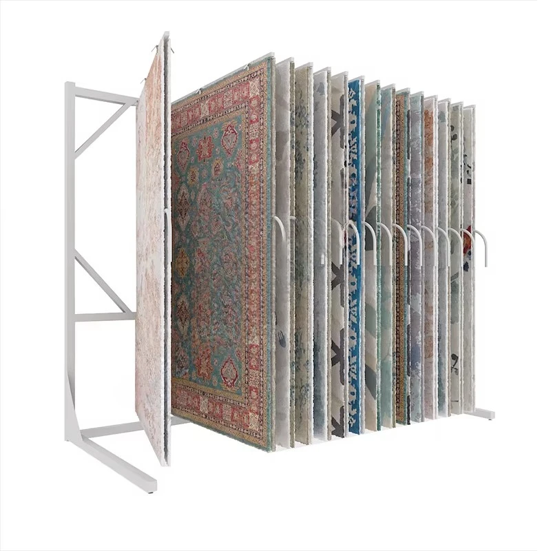 &c Custom Page Turning Wing Rug Saxony Metal Frame Stand Fabric Carpet Rubber Blanket L Shape Tapestry Display Rack for Showroom
