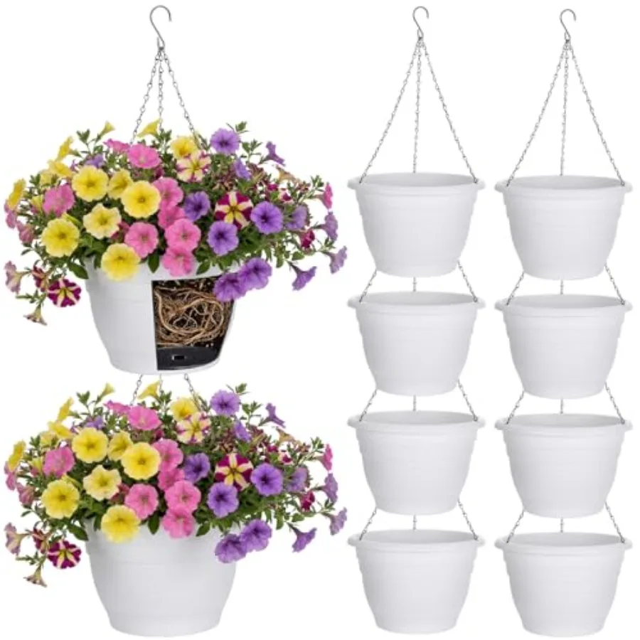 

10 Pack 11 Inch Plastic Hanging Planter for Outdoor Indoor Use, White, Lightweight Durable with Drainage Trays and Self-Waterin