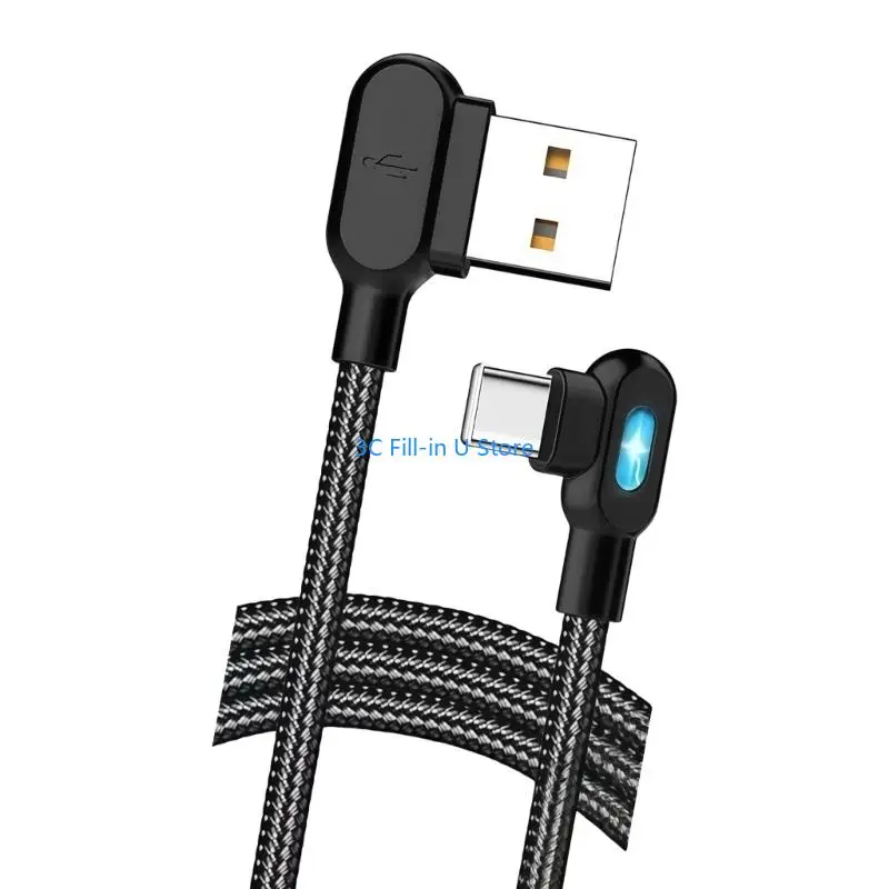 G8TA Type C Fast Charging Cable Double Angled Connectors Strong Nylon Weave Cord With LED Light For Mobile Devices
