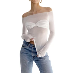 Sexy Sheer Mesh T-Shirts Y2K Women's Fashion Long Sleeve Off-shoulder Ribbed Skinny Crop Tops Female Fall Clothes Streetwear