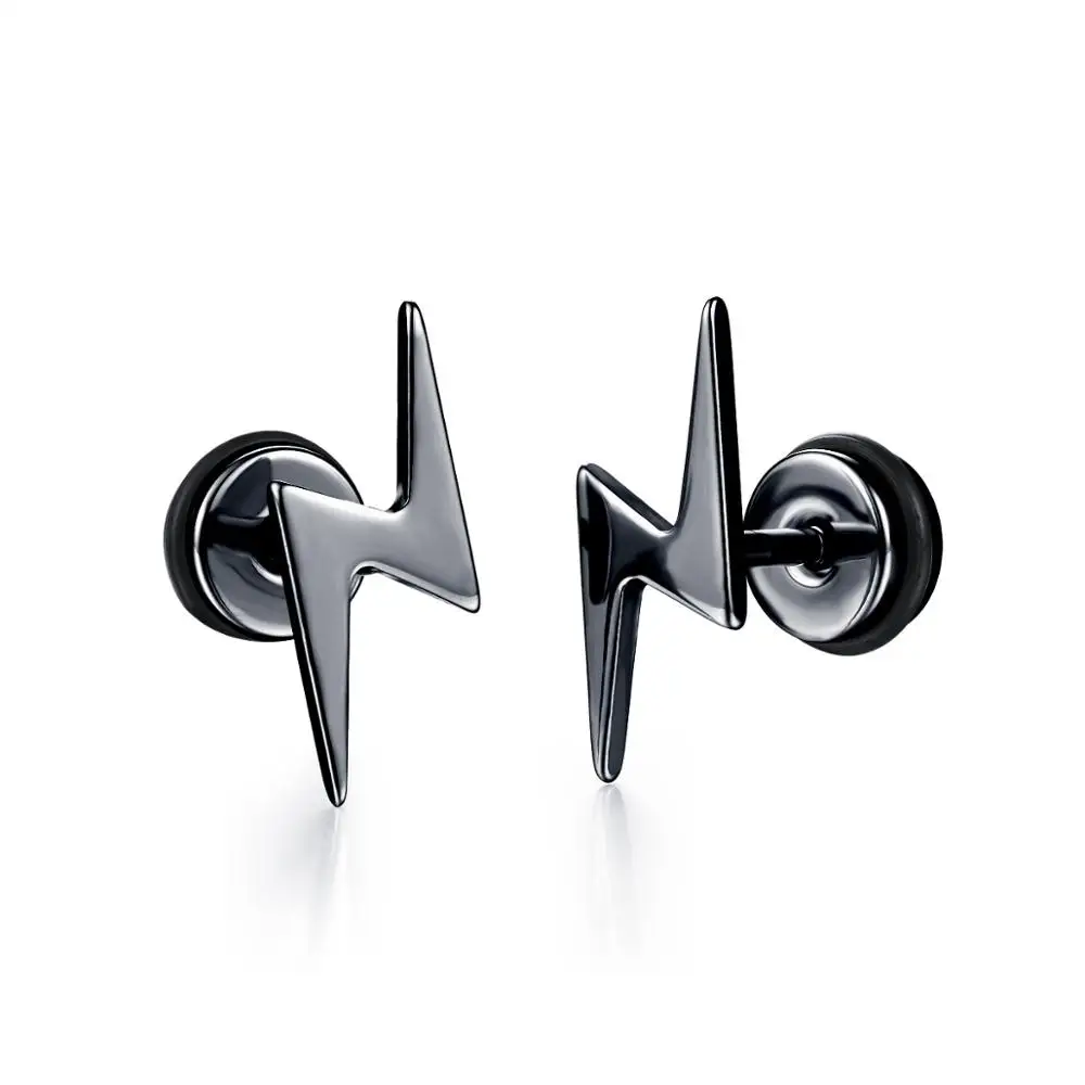 1 Pair Lightning Bolt Charm Hoop Huggie Silver/Black Color Earrings for Men Stainless Steel Lightning Dangle Hinge Hoop Earrings images - 6