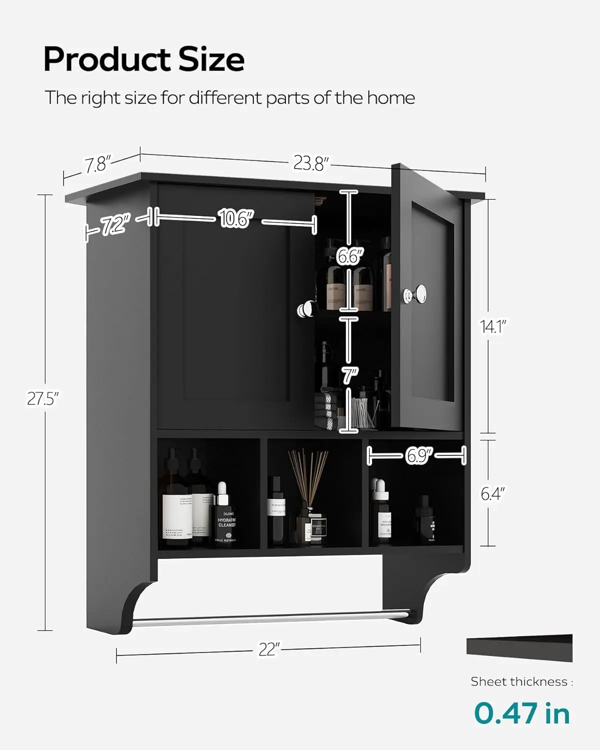 Space Saving Wall Cabinet with 2 Doors and Adjustable Towel Rack Shelves, Storage Cabinet for Toilet, Bathroom, Living Room