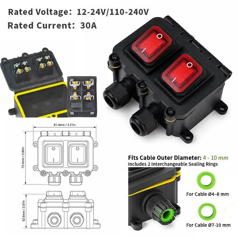IP68 Wasserdichte Inline-Kabelschalterbox Einzel/Doppel Ein/Aus Optional mit LED-Anzeige 16A 30A 24V 220V für Außen- und Gartenbeleuchtung – Detail 3