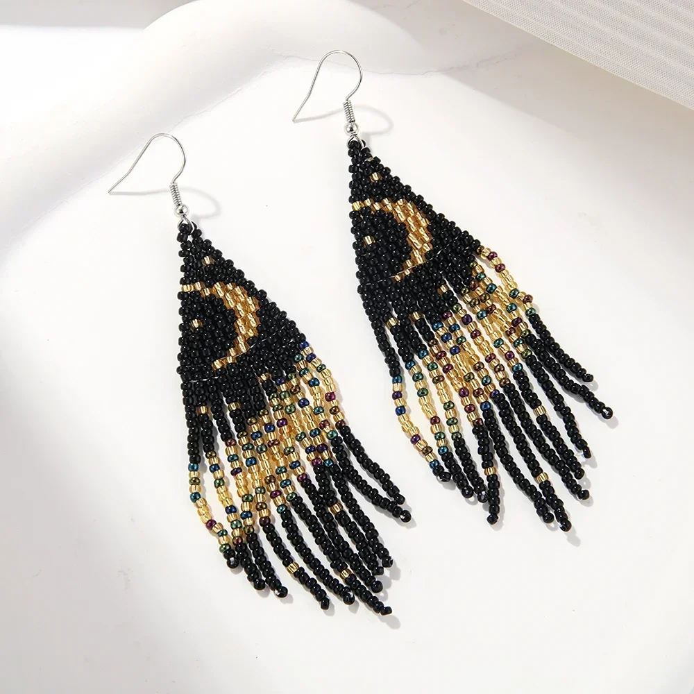 ZGMXR Bohemia Tassel Moon Astral Design Beaded Earrings for Women Hand Knitted Fashion Alloy with Rice Beads Original Style