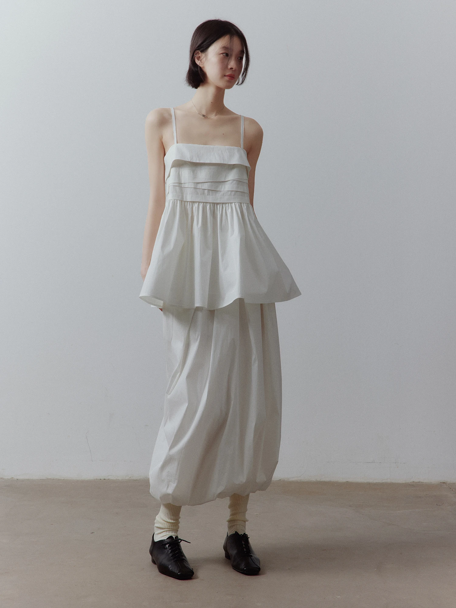 FUSSED White Philosophical Heavy Layered Patchwork Accordion Mist Philosophy Top Women's Summer Outerwear Midi Length Zipper