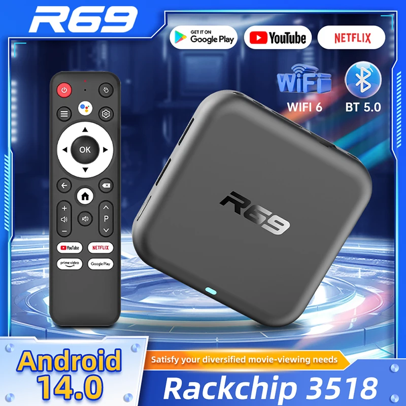 2025 Global Edition R69 Android 14 TV Box Wifi 6 con Bluetooth 5.0 Google YouTube Lettore multimediale Set-Top Box Supporto telecomando vocale