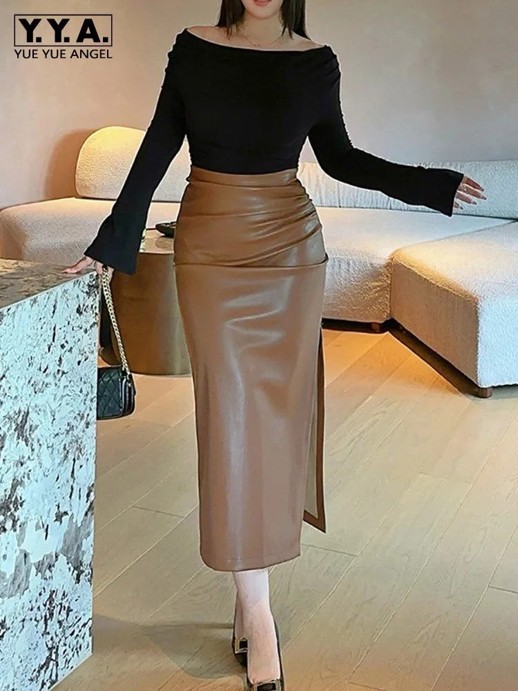 High Waist Pu Leather Mid Calf Long Skirt Women Sexy Side High Split Wrap Skirt Vintage Ladies New Slim Fit Straight Skirt 4XL