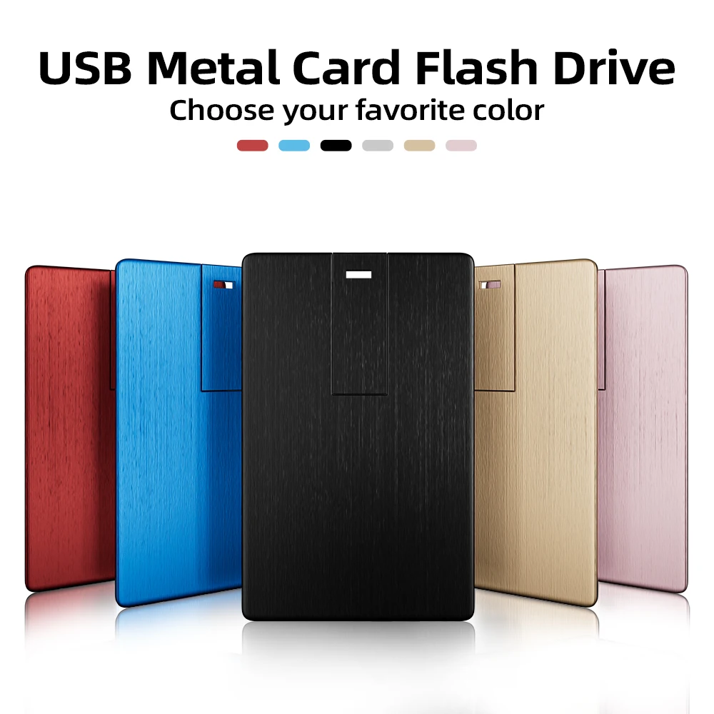 

Металлическая карта USB-флеш-накопитель Память 128 ГБ 64 ГБ 32 ГБ Розовый Золотой Синий Бесплатный индивидуальный логотип Pen Drive Внешнее накопитель 8 ГБ