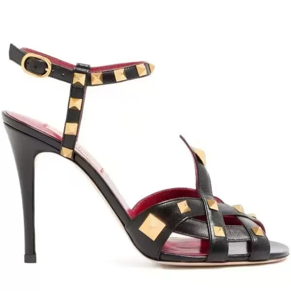 Studded High Heel Sandals T-Strap Gladiator Sandalias Mujer Thin Heel Ankle Buckle Leather Shoes For Ladies Nightclub Dress